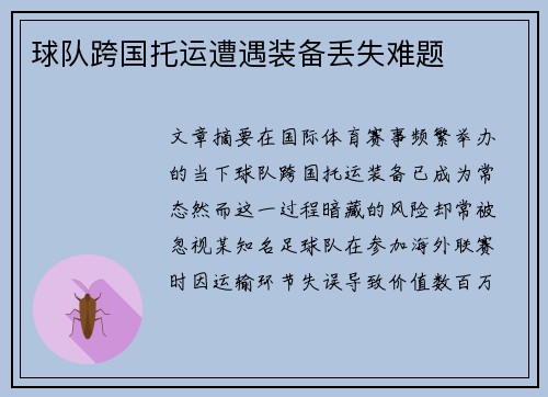 球队跨国托运遭遇装备丢失难题